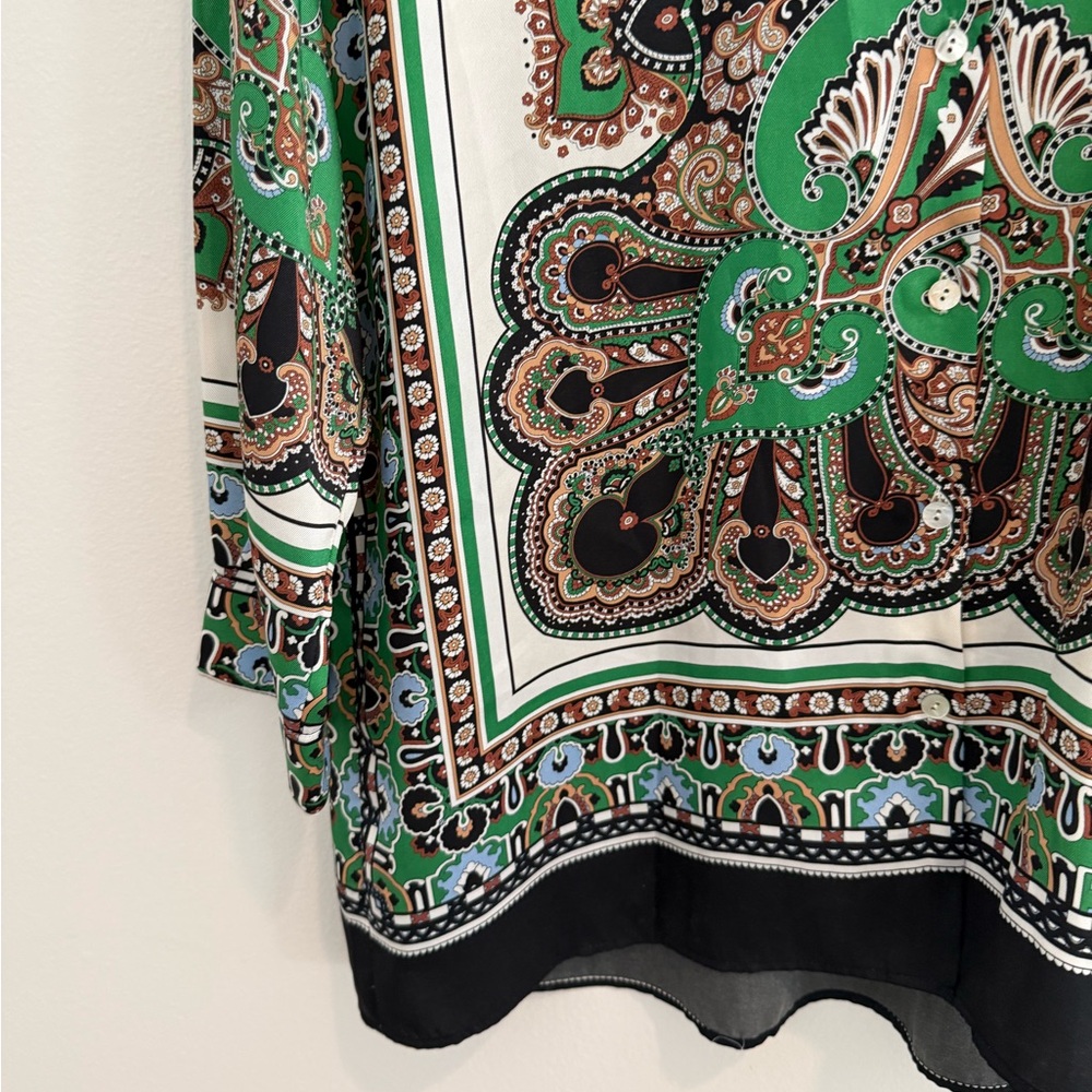 Zara Green Paisley Shirt Button Down Scarf Print Blouse Luxe Boho luxury | M - Picture 5 of 12